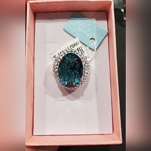 NWT VTG 925 Sterling Silver Aqua Topaz and Genuine Crystals Ring Size 7 - Picture 1 of 7